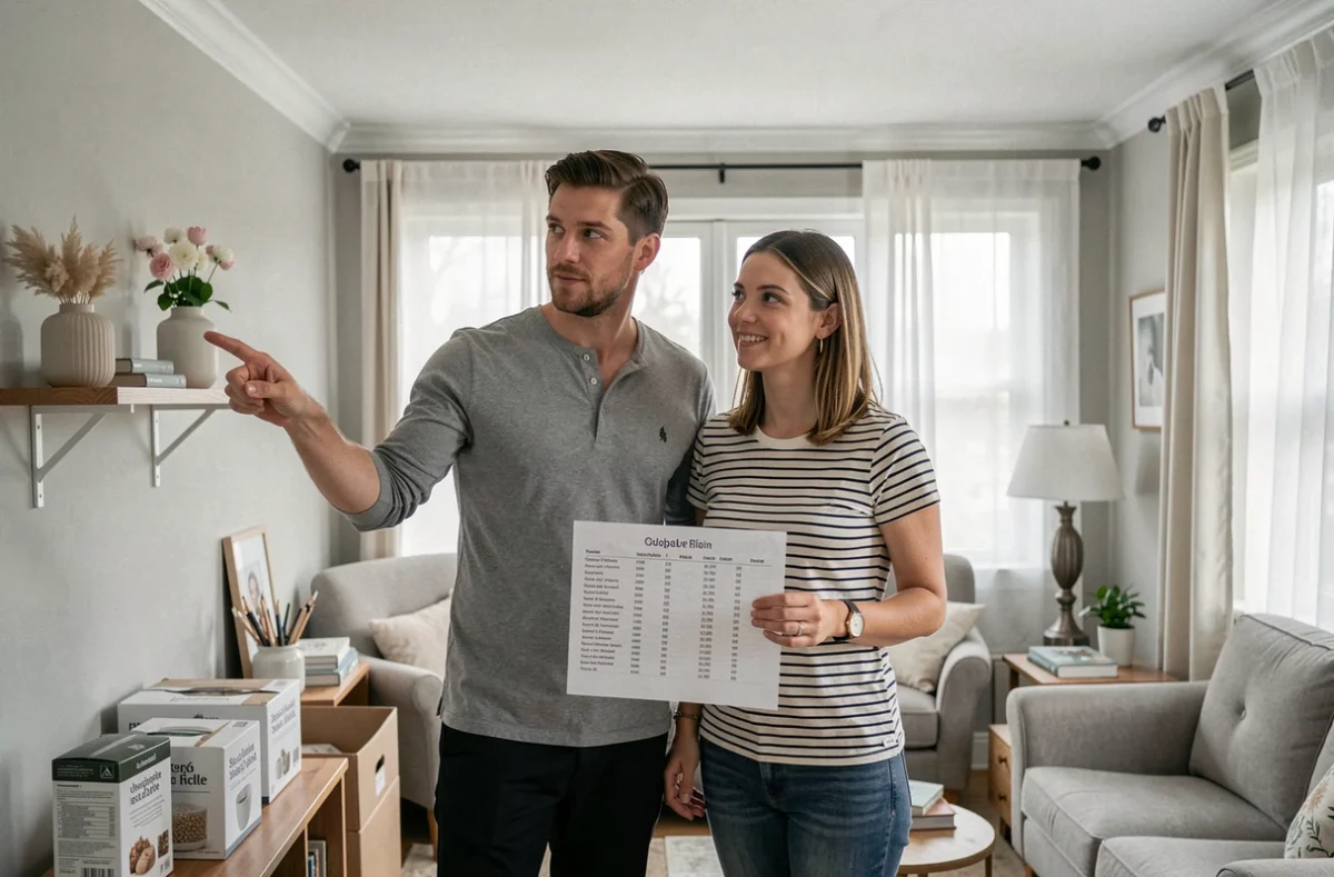 Couple décorant leur salon avec des articles de décoration choisis intelligemment pour optimiser leur budget