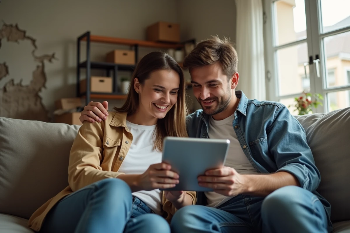 Jeune couple remplissant un formulaire de demande de devis gratuits en ligne pour des travaux urgents