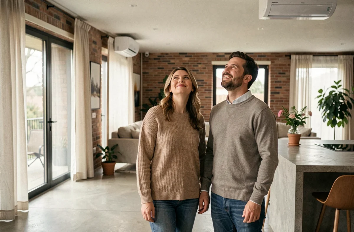 Couple satisfait de leur pompe à chaleur air-air dans un grand salon de 200 m2