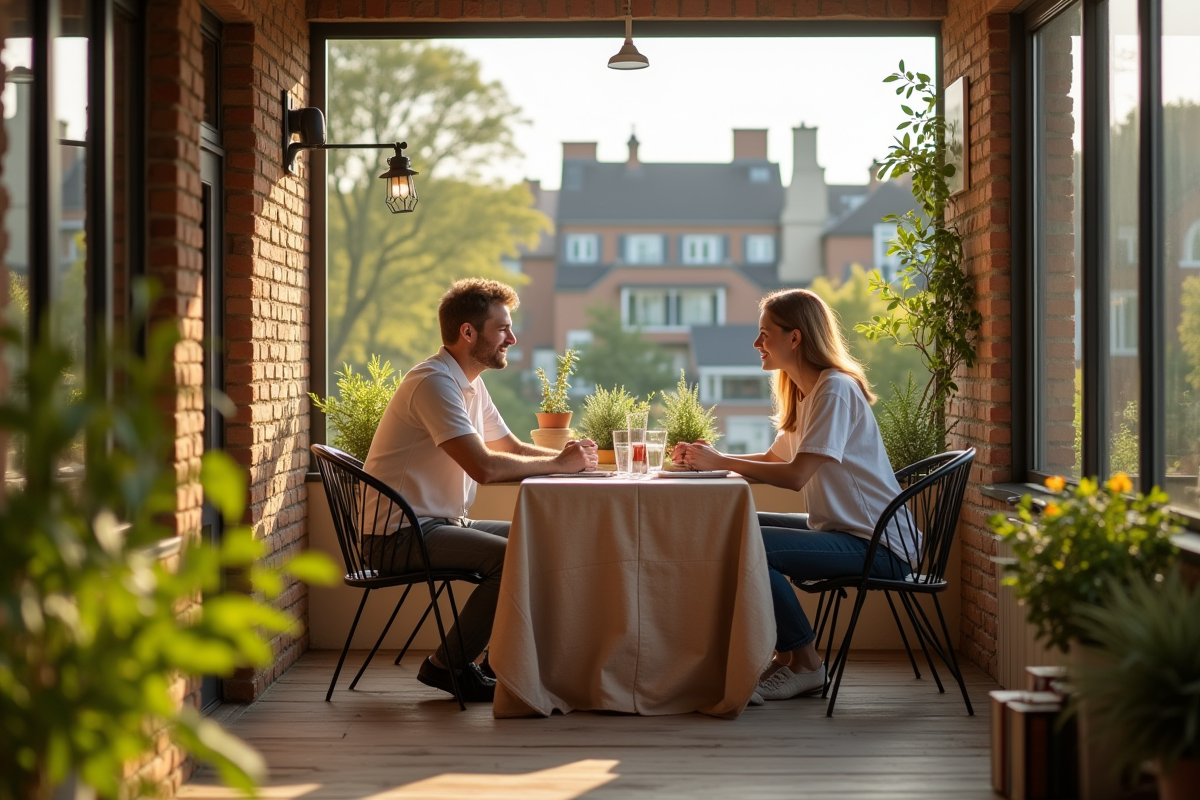 Jeune couple discutant dans une veranda ensoleillée