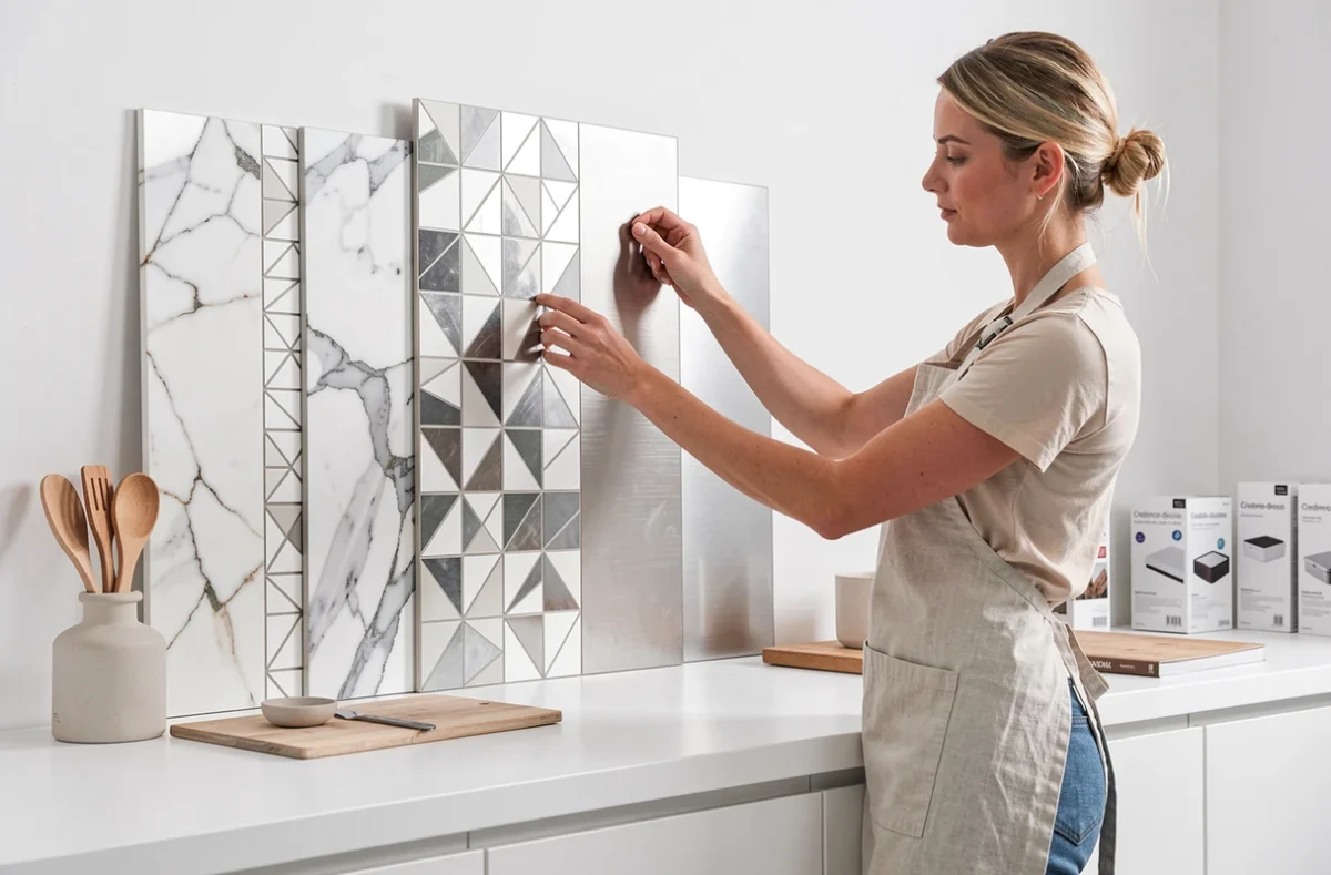 Styliste arrangeant des crédences décoratives pour Credence-cuisine-deco.com dans un studio photo
