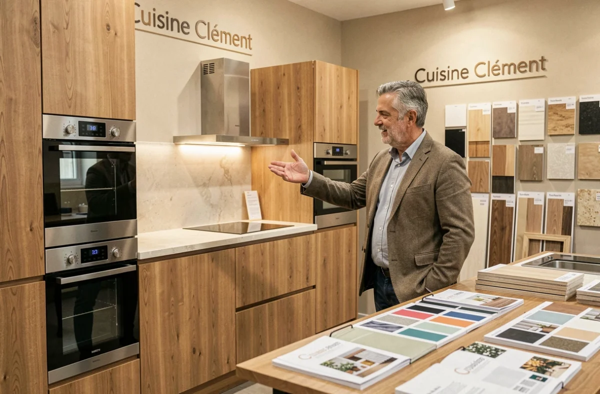 Conseiller cuisine chez Cuisine Clément dans la Vienne présentant un modèle de cuisine sur mesure