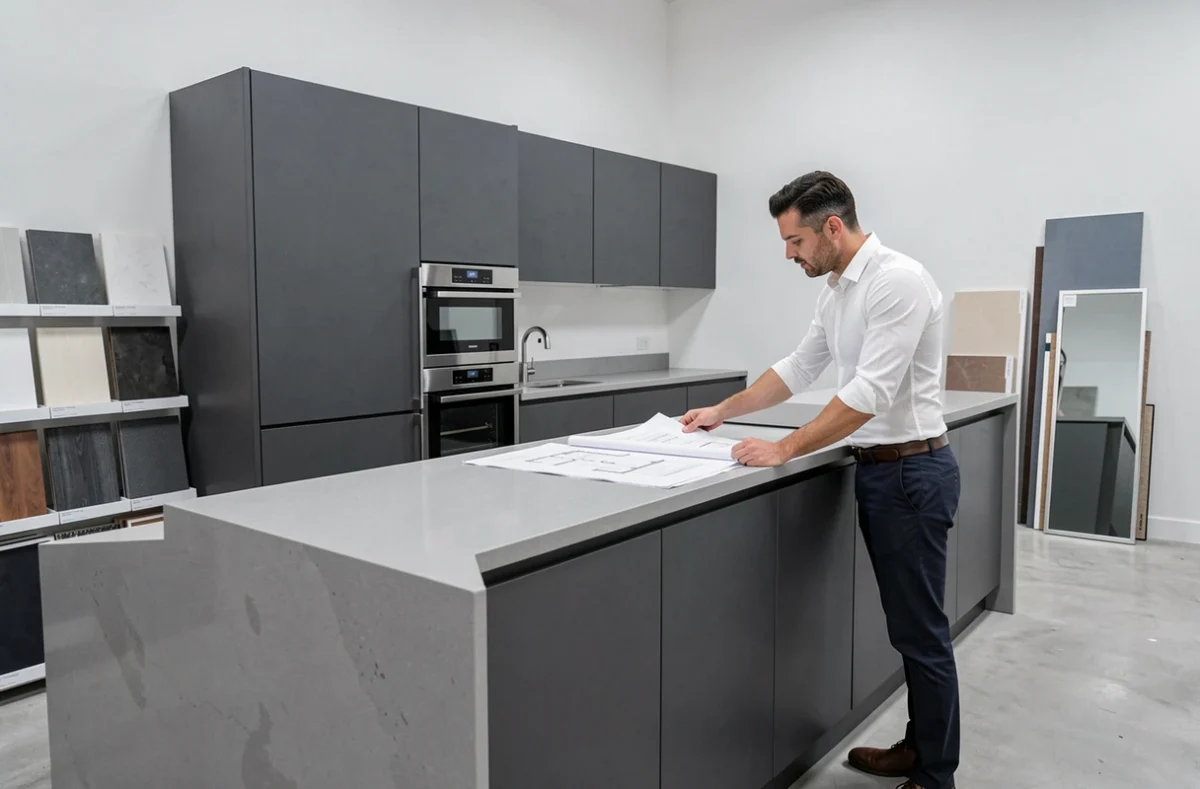 Designer chez Cuisines DS dans la Vienne devant une cuisine anthracite et quartz gris sur mesure