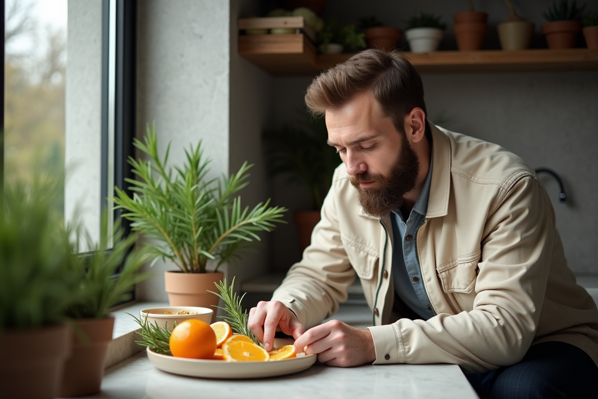 Homme avec barbe préparant des agrumes et romarin en cuisine