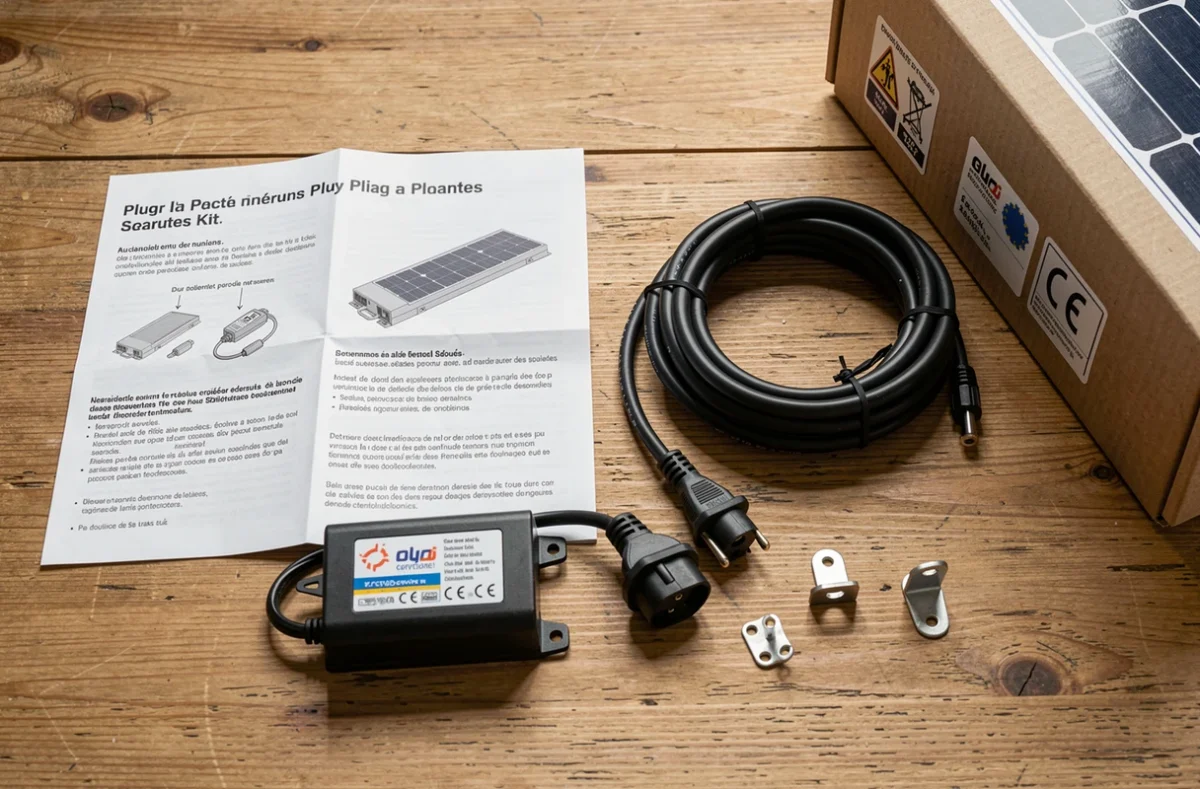 Contenu déballé d'un kit panneau solaire plug and play acheté en grande surface avec onduleur, câble et notice