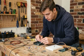 Jeune homme débutant qui connecte des fils à une carte Arduino Uno sur un établi en bois dans un atelier maison