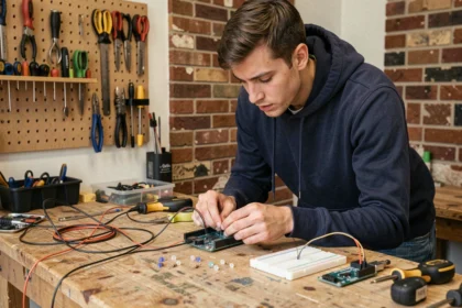 Jeune homme débutant qui connecte des fils à une carte Arduino Uno sur un établi en bois dans un atelier maison