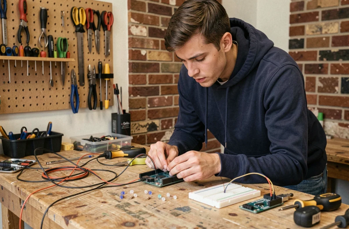 Jeune homme débutant qui connecte des fils à une carte Arduino Uno sur un établi en bois dans un atelier maison