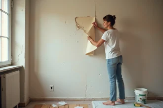 Femme qui décolle du papier peint floral dans un salon en cours de rénovation, révélant le plâtre brut en dessous