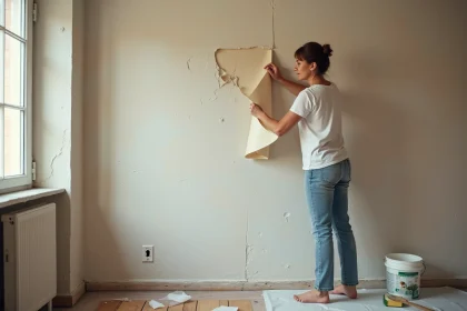 Femme qui décolle du papier peint floral dans un salon en cours de rénovation, révélant le plâtre brut en dessous