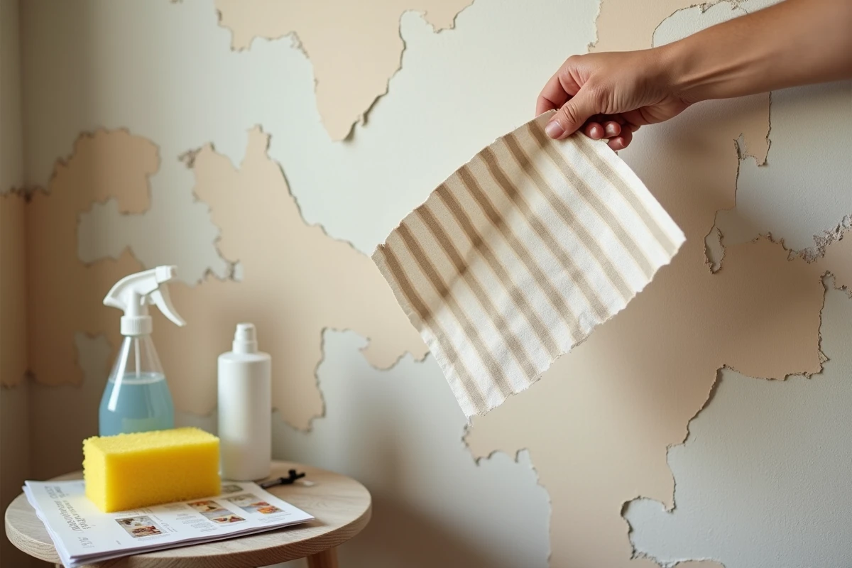 Gros plan sur une bande de papier peint rayé décollée d'un mur de chambre avec les outils de rénovation visibles à côté