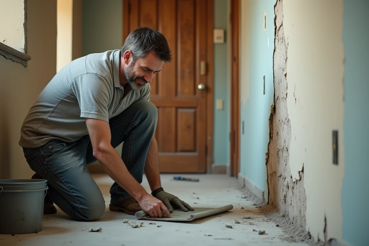 Homme utilisant une spatule pour décoller du papier peint humide dans un couloir en cours de rénovation