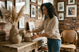 Femme arrangeant des vases artisanaux et de l'herbe de la pampa sur une console en bois brut dans un salon décoré de façon indépendante et créative