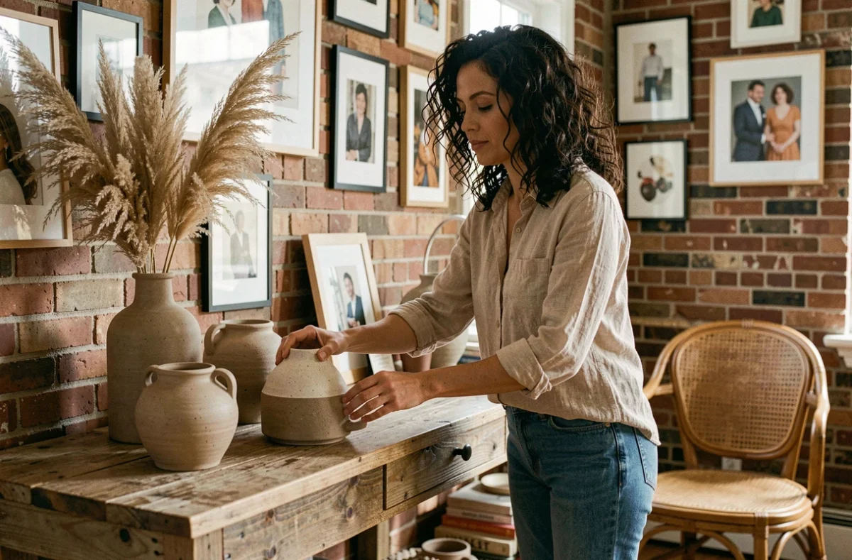 Femme arrangeant des vases artisanaux et de l'herbe de la pampa sur une console en bois brut dans un salon décoré de façon indépendante et créative