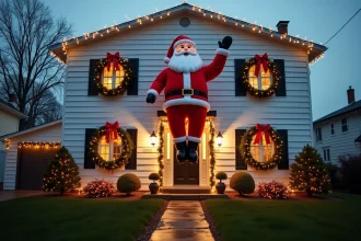 Décoration extérieure père Noël animée escaladant la façade d'une maison de banlieue avec guirlandes LED et couronnes de sapin