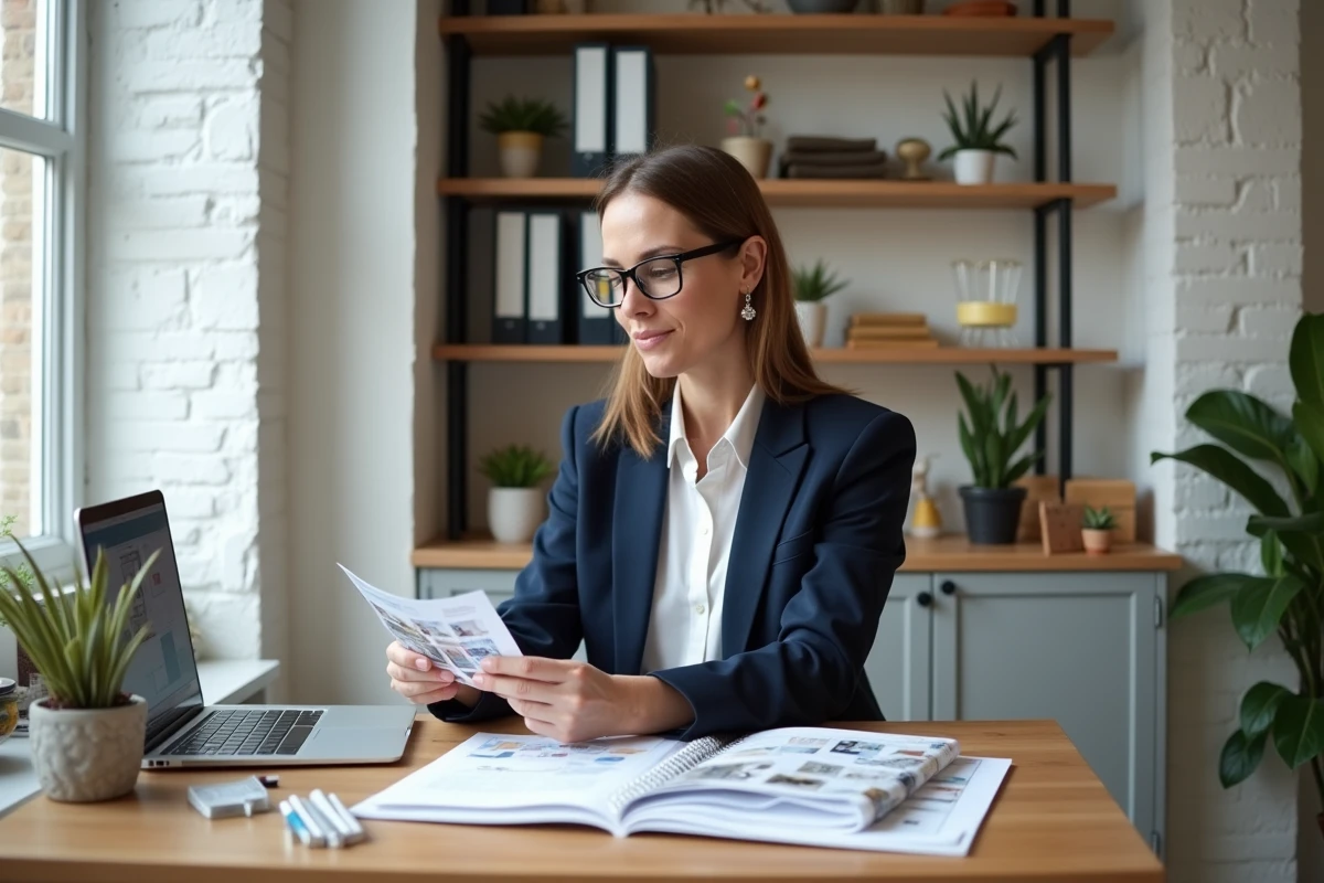 Décoratrice d'intérieur travaillant sur des planches d'ambiance dans un coin bureau intégré à un petit appartement