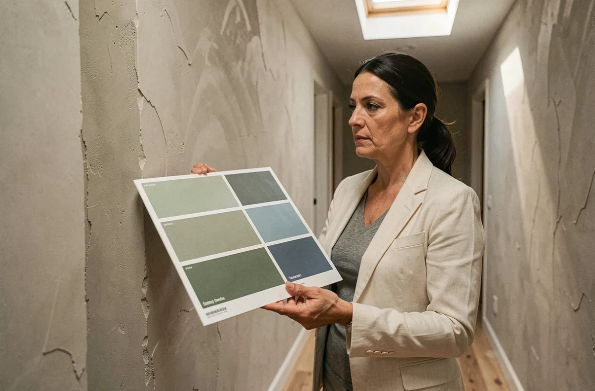 Décoratrice d'intérieur comparant des échantillons de peinture vert sauge et bleu poudré contre un mur en plâtre brut éclairé par une verrière zénithale