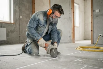 Ouvrier découpant une dalle béton à la meuleuse diamantée avec système d'arrosage pour éviter la poussière