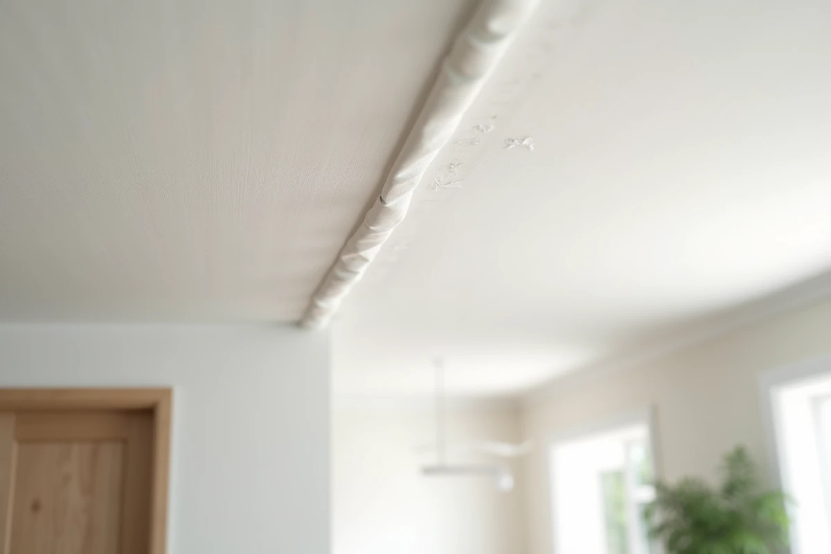 Plafond en toile tendue avec défaut de tension visible dans un coin de salon moderne