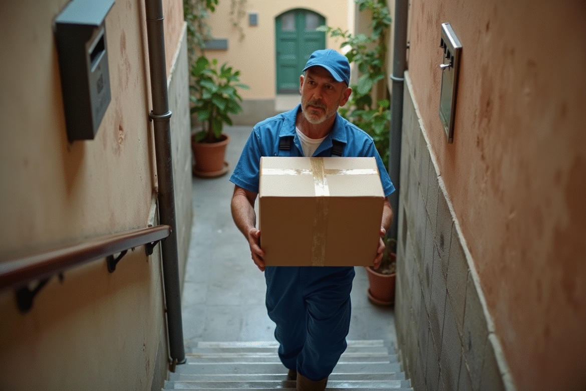 Homme en bleu portant une box dans un escalier ancien