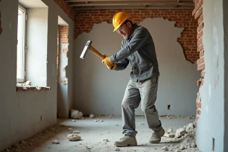 Ouvrier démolissant un mur non porteur en briques dans un appartement en rénovation