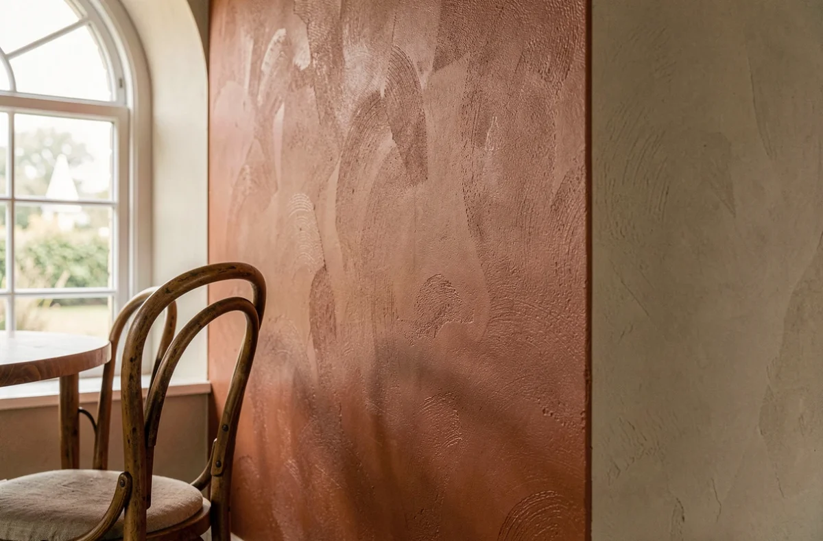 Détail d'angle de mur intérieur avec peinture terracotta et grège pierre dans une salle à manger, texture de peinture mate révélée par la lumière rasante naturelle