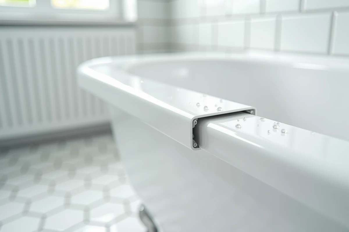 Détail d'un angle de plaque PVC étanche avec profilé de finition et gouttes d'eau sur la surface