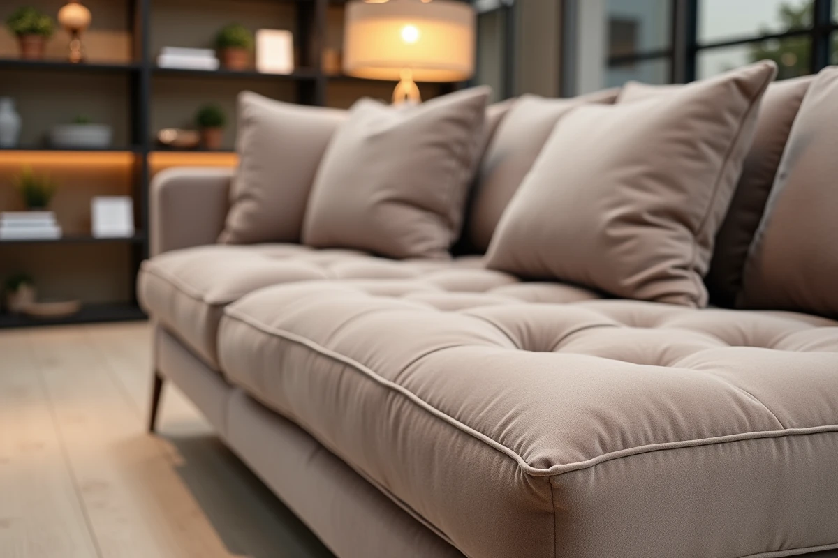Détail d'un canapé d'angle en velours taupe exposé dans le magasin Poltrone et Sofa