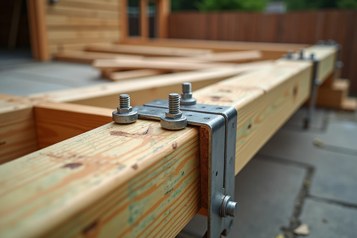 Détail du doublement de solives avec boulons et sabots métalliques sur une ossature de terrasse bois