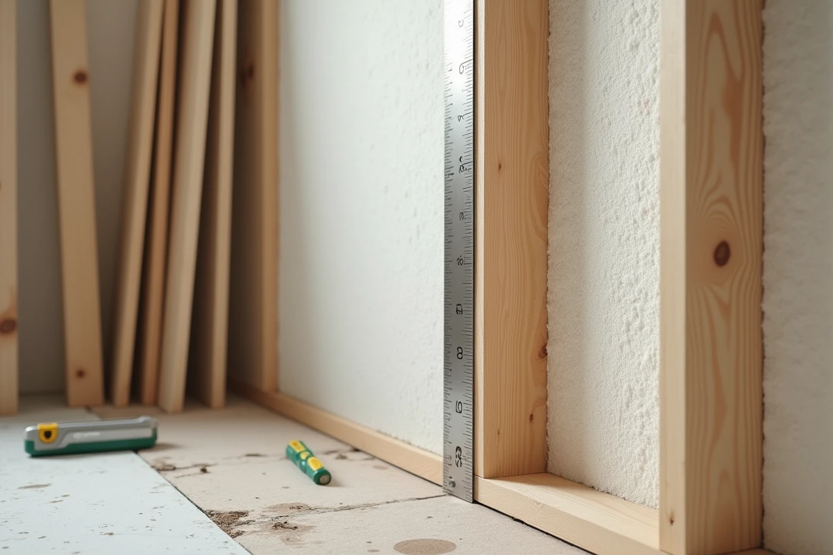 Gros plan sur un panneau de mousse polyuréthane rigide inséré entre des montants en bois avec règle de mesure d'épaisseur