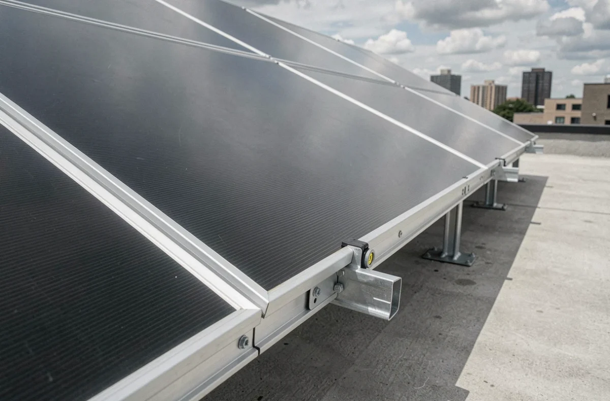 Gros plan sur des panneaux solaires inclinés à 30 degrés sur un toit plat commercial avec niveau à bulle, montrant le montage précis pour une exposition optimale au sud