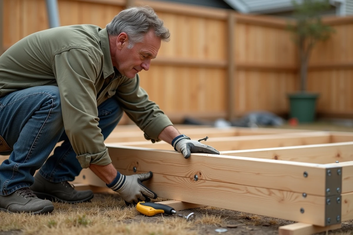 Charpentier inspectant le doublement des solives et lambourdes d'une terrasse en bois en construction