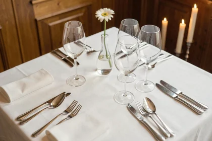 Dressage de table gastronomique avec verres à vin en cristal, couverts en argent et nappe blanche vue de dessus