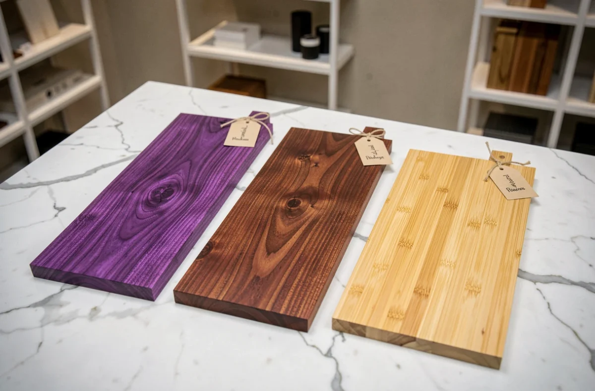 Échantillons de bois exotiques variés dont le padouk et le purpleheart présentés sur marbre blanc dans un showroom de design