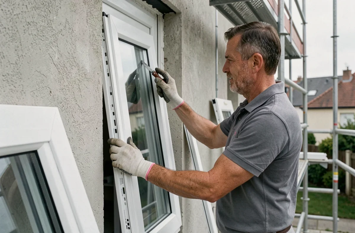 Technicien d'Ecotherm Fenetre installant une fenêtre PVC double vitrage sur une façade résidentielle