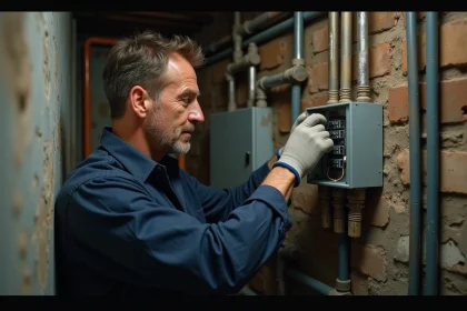 Électricien installant un raccord étanche sur un tableau électrique ancien dans une cave humide lors d'une rénovation