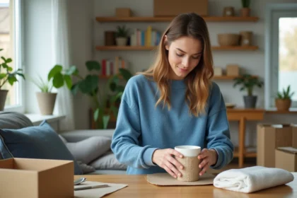 Jeune femme emballant une tasse en céramique dans un intérieur lumineux