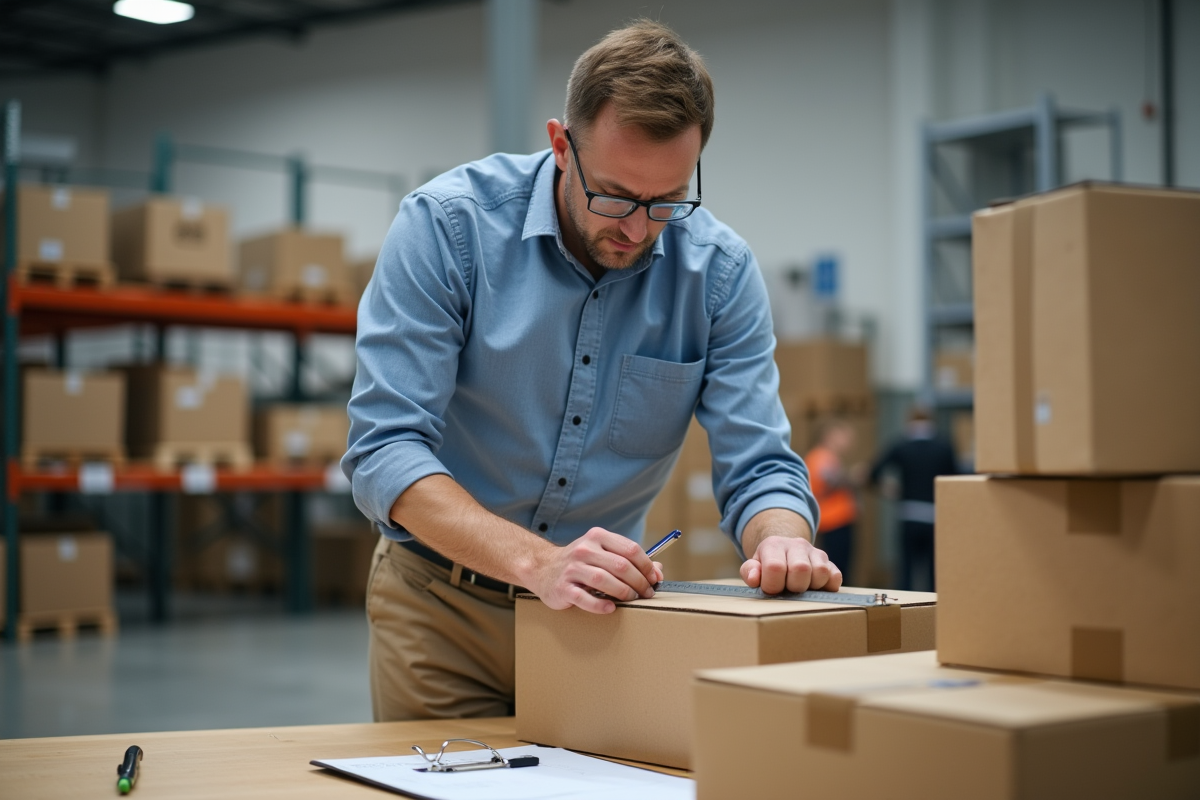 Ingénieur emballage mesurant un carton robuste avec précision