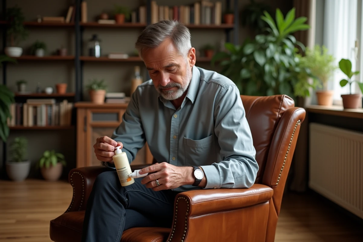 Homme appliquant soin cuir sur fauteuil en cuir ancien