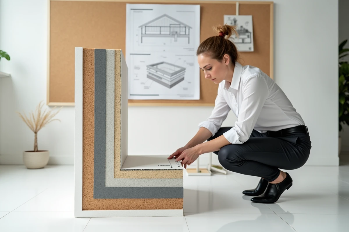 Architecte mesurant l'épaisseur d'une coupe transversale de mur isolé avec différentes couches de matériaux