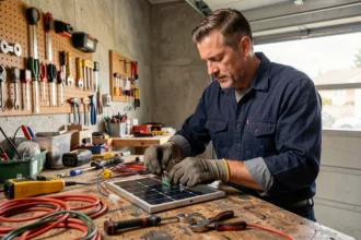 Homme assemblant un panneau solaire plug and play fait maison dans un atelier de garage avec des outils et câbles électriques sur établi en bois