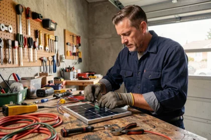Homme assemblant un panneau solaire plug and play fait maison dans un atelier de garage avec des outils et câbles électriques sur établi en bois