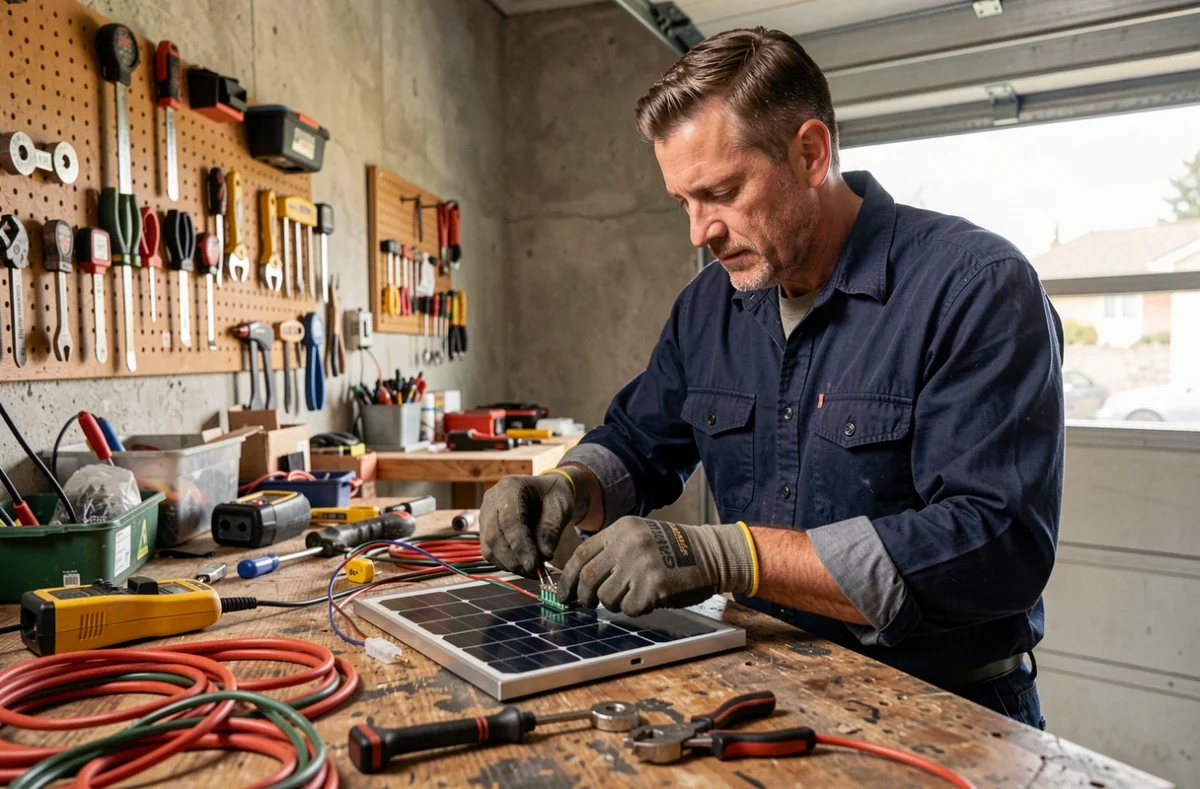 Homme assemblant un panneau solaire plug and play fait maison dans un atelier de garage avec des outils et câbles électriques sur établi en bois
