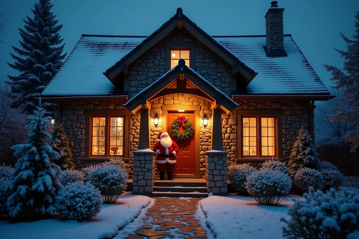 Façade de maison en pierre décorée de nuit avec père Noël animé grimpant près d'une couronne de Noël sur la porte