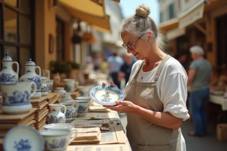 Femme examinant une assiette en faïence Henriot Quimper ancienne sur un marché aux puces breton