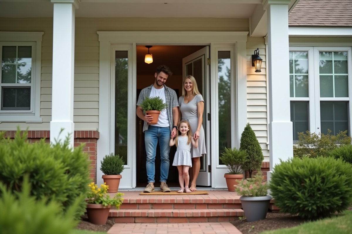 Famille souriante devant leur nouvelle maison en banlieue