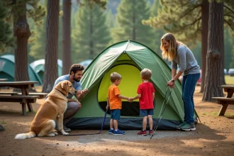 Famille avec enfants et chien installant une tente dans un camping familial entouré de pins