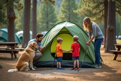 Famille avec enfants et chien installant une tente dans un camping familial entouré de pins