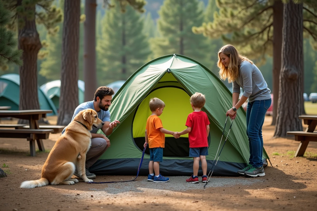 Famille avec enfants et chien installant une tente dans un camping familial entouré de pins