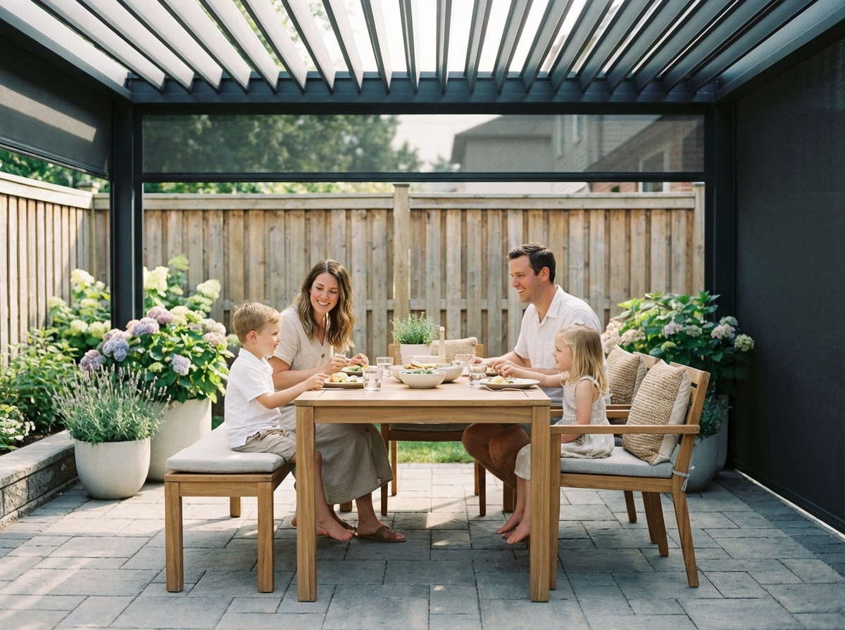 Famille profitant d un repas sous pergola moderne